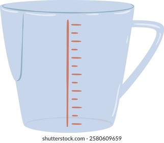 Transparent glass or plastic measuring cup featuring a handle and a red measuring scale, providing an easy way to accurately measure ingredients for cooking and baking tasks