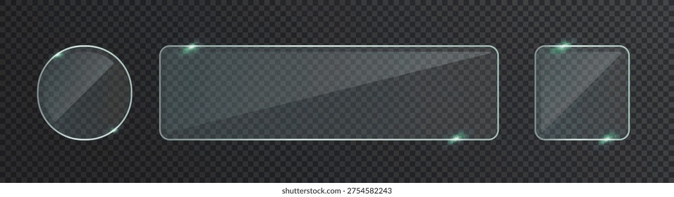 Transparent glass plate with glossy reflections and light effects. Modern 3D panel frame resembling a clear screen window with plastic and mirror shine.