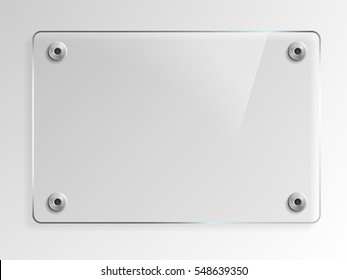 Transparent Glass Plate Mock Up. See through banner with mounts. Plastic banner with reflection and shadow. Photo realistic vector illustration