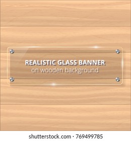 Transparent glass plate mock up. Yellow wooden background. Decorative graphic design element. Plastic glossy panel with reflection, shadow.