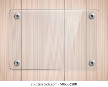 Transparent glass plate mockup. Brown wooden background. Transparent banner, mounts. Decorative graphic element for branding, promotion, showcase. Plastic panel with reflection. Vector illustration