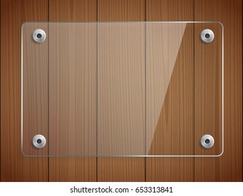 Transparent glass plate mockup. Brown wooden background. Transparent banner, mounts. Decorative graphic element for branding, promotion, showcase. Plastic panel with reflection. Vector illustration