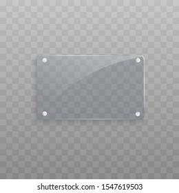 Transparent glass plate with rounded rectangle shape and silver screws on corners isolated on transparent background - realistic vector illustration.