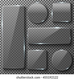 Transparent glass plates of different shapes. Square, circle, rectangular app buttons on checkered background. Blank empty, shiny and glossy. Vector illustration icons set.