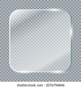 Transparent glass plates set. Realistic transparent glass window in rectangle rounded frame. Vector illustration clean plate