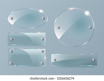 Transparent Glass plates set. Square shape, rectangle and round circle. See through mock up with mounts. Plastic banners with reflection and shadow. Photo realistic vector illustration