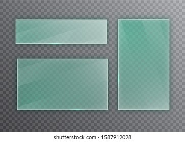 Transparent Glass plates set. Square shape, rectangle and round circle. See through mock up with mounts. Plastic banners with reflection and shadow.
