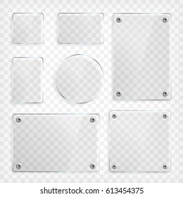 Transparent Glass plates set. Square shape, rectangle and round circle. See through mock up with mounts. Plastic banners with reflection and shadow. Photo realistic vector illustration