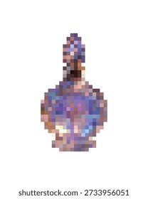 Transparente Glasflasche mit reflektierender Oberfläche und glühender Flüssigkeit im Inneren. Weiche blaue und perlmuttfarbene Highlights schaffen eine fragile Fantasiestimmung, ideal für Zauberartikel, Alchemie-Symbole und Spielelemente.