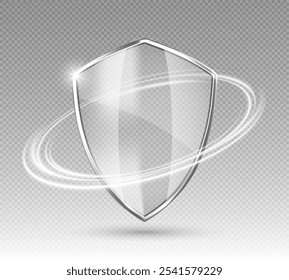 Transparent glass protection shield with glow effect. Safeguard sign. Security concept. Vector illustration