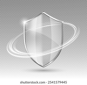 Transparent glass protection shield with glow effect. Safeguard sign. Security concept. Vector illustration