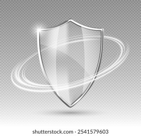 Transparent glass protection shield with glow effect. Safeguard sign. Security concept. Vector illustration