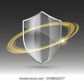 Transparent glass protection shield with gold glow effect. Safeguard sign. Security concept. Vector illustration