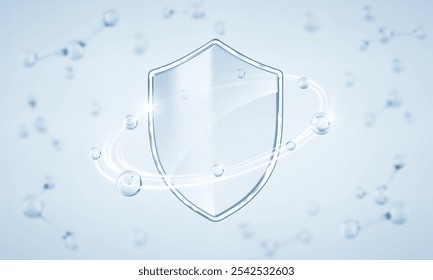 Transparent glass protection shield with molecules. Medical health protection concept