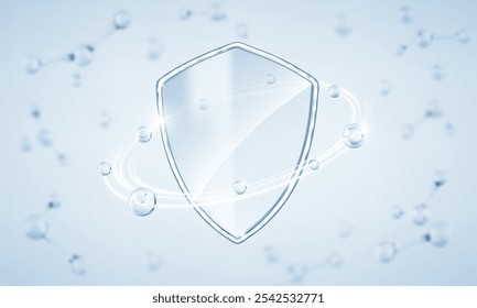 Protector de vidrio transparente con moléculas. Concepto de protección de la salud médica