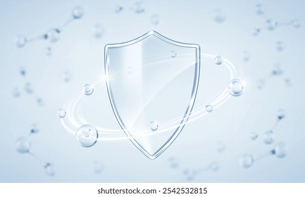 Transparent glass protection shield with molecules. Medical health protection concept