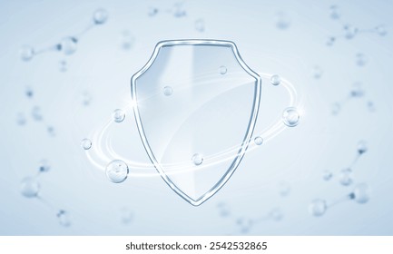 Transparent glass protection shield with molecules. Medical health protection concept