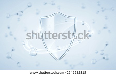 Transparent glass protection shield with molecules. Medical health protection concept