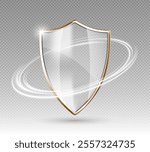 Transparent glass protection shield with white glowing effect. Safeguard sign. Security concept. Vector 3d illustration