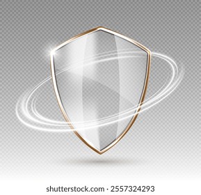 Transparent glass protection shield with white glowing effect. Safeguard sign. Security concept. Vector 3d illustration