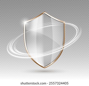 Transparent glass protection shield with white glowing effect. Safeguard sign. Security concept. Vector 3d illustration