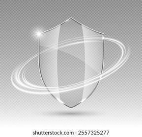 Transparent glass protection shield with white glowing effect. Safeguard sign. Security concept. 3D vector illustration