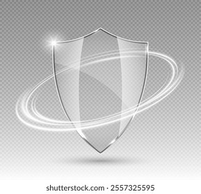 Transparent glass protection shield with white glowing effect. Safeguard sign. Security concept. 3D vector illustration