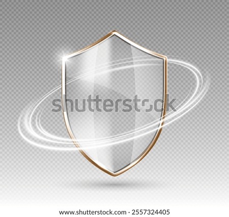 Transparent glass protection shield with white glowing effect. Safeguard sign. Security concept. Vector 3d illustration