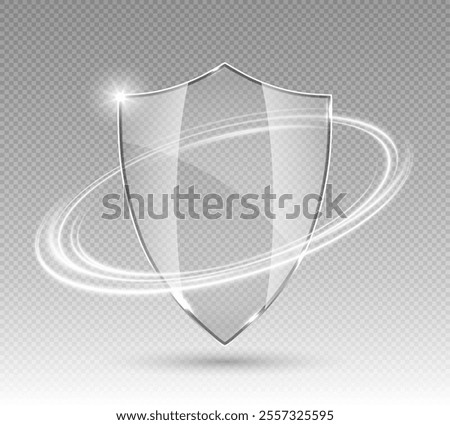 Transparent glass protection shield with white glowing effect. Safeguard sign. Security concept. 3D vector illustration