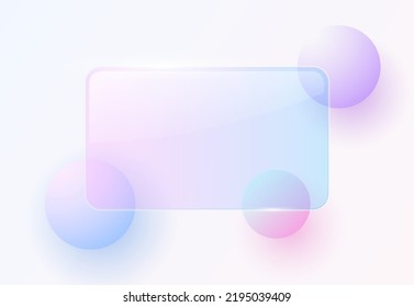 Transparent glass rectangle shape with 3D spheres on the back, interesting vector background with copy space.
