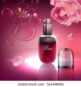 Transparent glass rose water flacon with silver elements. Beautiful vector illustration in realistic style. Cosmetic, skin care or perfumery concept in pink colours. Premium design template.