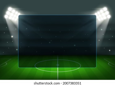 Transparent glass screen on the background of a football field with a lawn. Sports background illuminated by spotlight. Vector illustration.