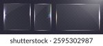 Transparent glass set with smooth edges, reflections, glare, and prismatic light effects. Various geometric shapes for UI, web, and graphic design.