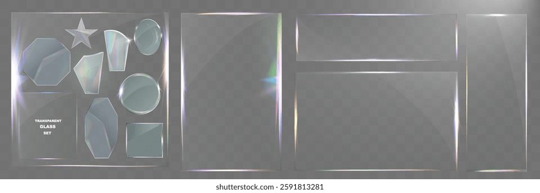 Transparent glass set with smooth edges, reflections, glare, and prismatic light effects. Various geometric shapes for UI, web, and graphic design.