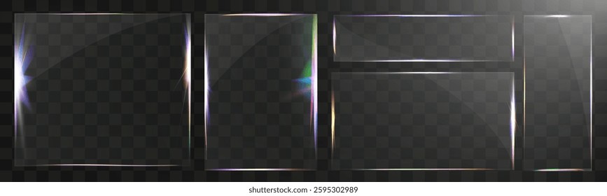 Transparent glass set with smooth edges, reflections, glare, and prismatic light effects. Various geometric shapes for UI, web, and graphic design.