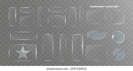 Transparent glass set with smooth edges, reflections, glare, and prismatic light effects. Various geometric shapes for UI, web, and graphic design.