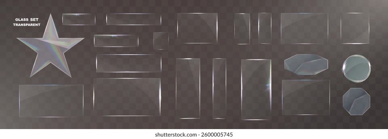 Transparent glass set with smooth edges, reflections, glare, and prismatic light effects. Various geometric shapes for UI, web, and graphic design.