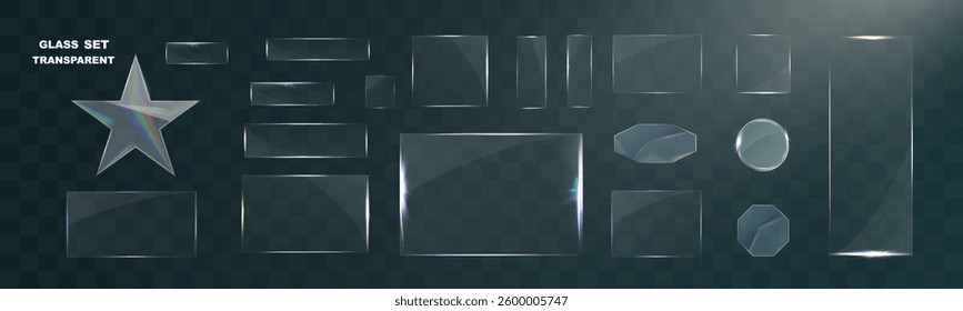 Transparent glass set with smooth edges, reflections, glare, and prismatic light effects. Various geometric shapes for UI, web, and graphic design.