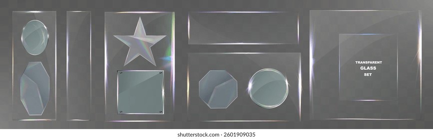 Transparent glass set with smooth edges, reflections, glare, and prismatic light effects. Various geometric shapes for UI, web, and graphic design.	