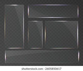 Transparent glass set with smooth edges, reflections, glare, and prismatic light effects. Various geometric shapes for UI, web, and graphic design.	