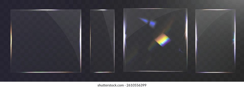 Transparent glass set with smooth edges, reflections, glare, and prismatic light effects. Various geometric shapes for UI, web, and graphic design.
