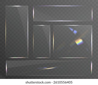 Transparent glass set with smooth edges, reflections, glare, and prismatic light effects. Various geometric shapes for UI, web, and graphic design.