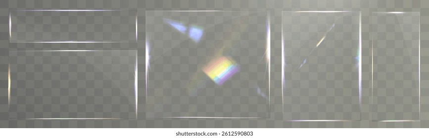 Transparent glass set with smooth edges, reflections, glare, and prismatic light effects. Various geometric shapes for UI, web, and graphic design.