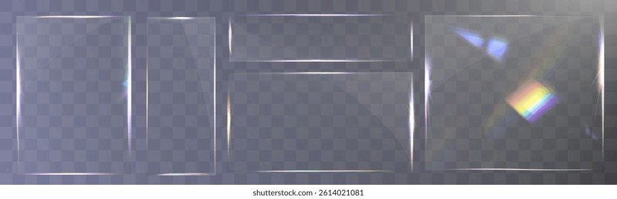 Transparent glass set with smooth edges, reflections, glare, and prismatic light effects. Various geometric shapes for UI, web, and graphic design.
