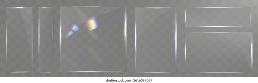 Transparent glass set with smooth edges, reflections, glare, and prismatic light effects. Various geometric shapes for UI, web, and graphic design.	