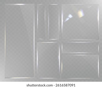 Transparent glass set with smooth edges, reflections, glare, and prismatic light effects. Various geometric shapes for UI, web, and graphic design.	