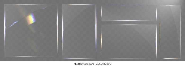 Transparent glass set with smooth edges, reflections, glare, and prismatic light effects. Various geometric shapes for UI, web, and graphic design.	