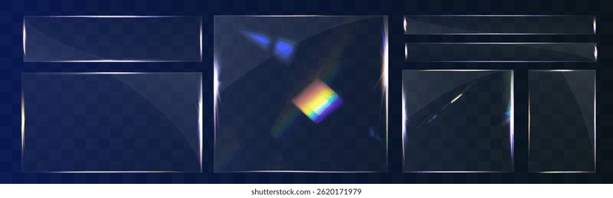 Conjunto de vidro transparente com bordas suaves, reflexos, brilho e efeitos de luz prismática. Várias formas geométricas para UI, web e design gráfico.	