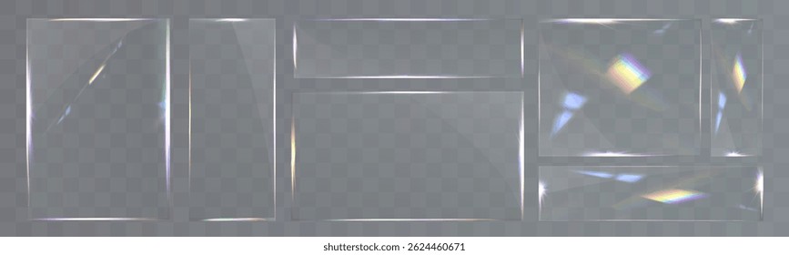 Conjunto de vidrio transparente con bordes lisos, reflejos, deslumbramiento y efectos de luz prismáticos. Varias Formas geométricas para UI, Web y Diseño gráfico.	
