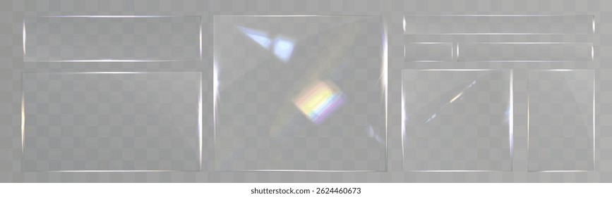 Transparentes Glasset mit glatten Kanten, Reflexionen, Blendung und prismatischen Lichteffekten. Verschiedene geometrische Formen für Benutzeroberfläche, Web und Grafikdesign.	